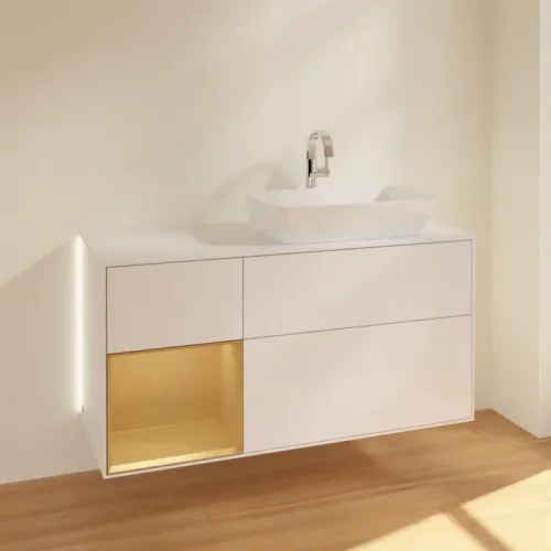 Villeroy & Boch Finion Тумба под раковину, с подсветкой, 3 выдвижных ящика, 1200 x 603 x 501 mm, Glossy White Lacquer / Gold Matt Lacquer G801HFGF