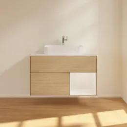 Villeroy & Boch Finion Тумба под раковину, с подсветкой, 2 выдвижных ящика, 1000 x 603 x 501 mm, Oak Veneer / Glossy White Lacquer F371GFPC