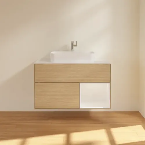 Villeroy & Boch Finion Тумба под раковину, с подсветкой, 2 выдвижных ящика, 1000 x 603 x 501 mm, Oak Veneer / Glossy White Lacquer F371GFPC