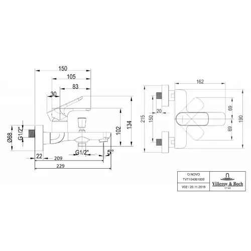 Смеситель для ванны Villeroy & Boch O.novo однорычажный TVT10400100061