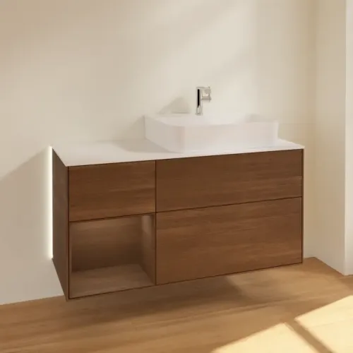 Villeroy & Boch Finion Тумба под раковину, с подсветкой, 3 выдвижных ящика, 1200 x 603 x 501 mm, Walnut Veneer / Walnut Veneer G141GNGN