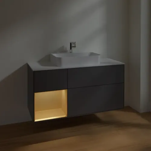 Villeroy & Boch Finion Тумба под раковину, с подсветкой, 3 выдвижных ящика, 1200 x 603 x 501 mm, Anthracite Matt Lacquer / Gold Matt Lacquer F411HFGK