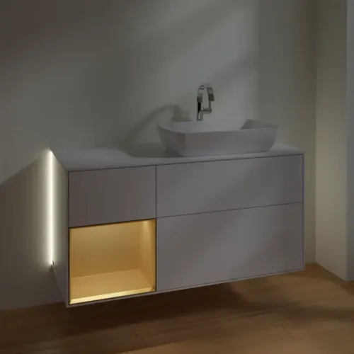 Villeroy & Boch Finion Тумба под раковину, с подсветкой, 3 выдвижных ящика, 1200 x 603 x 501 mm, Glossy White Lacquer / Gold Matt Lacquer G801HFGF