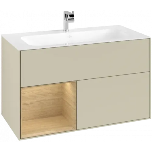 Villeroy & Boch Finion Тумба под раковину, с подсветкой, 2 выдвижных ящика, 996 x 591 x 498 mm, Silk Grey Matt Lacquer / Oak Veneer G030PCHJ