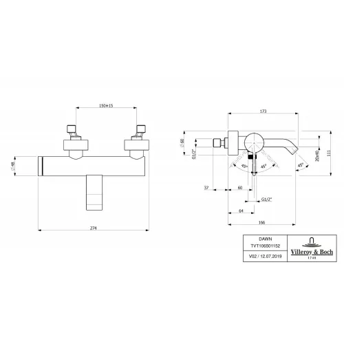 Смеситель для ванны Villeroy & Boch Dawn однорычажный TVT10650115261