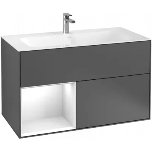 Villeroy & Boch Finion Тумба под раковину, с подсветкой, 2 выдвижных ящика, 996 x 591 x 498 mm, Silk Grey Matt Lacquer / Oak Veneer G030PCHJ