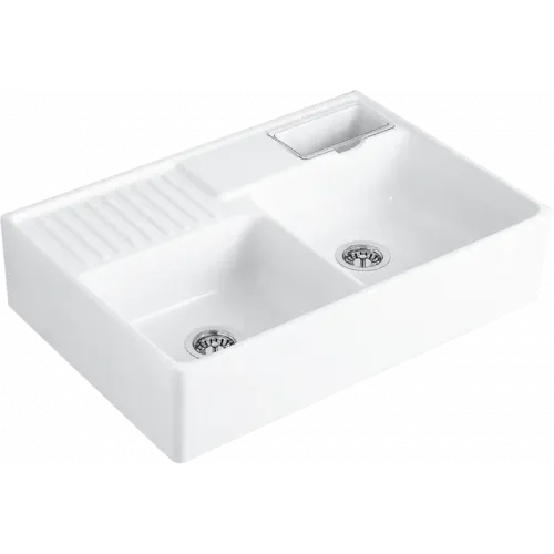 Villeroy & Boch Полувстраиваемая мойка с двойной раковиной Мойка с двумя чашами, включая Контейнер для отходов, Комплект слива с эксцентриком, Крепежный комплект, выкл Керамика, 895 x 630 mm, Альпийский белый CeramicPlus 632392R1