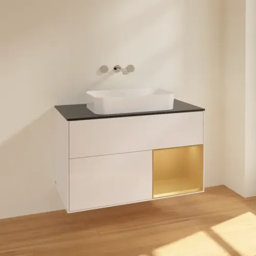 Villeroy & Boch Finion Тумба под раковину, с подсветкой, 2 выдвижных ящика, 1000 x 603 x 501 mm, Glossy White Lacquer / Gold Matt Lacquer F662HFGF