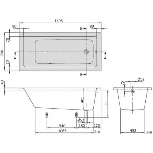 Ванна акриловая Villeroy&Boch Targa Plus 150x80 UBA150NES2V01+U99740000 без гидромассажа