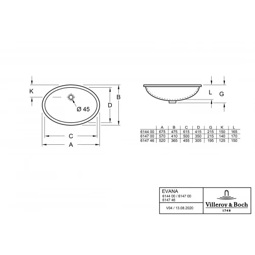 Раковина под столешницу Villeroy & Boch Evana 50 x 35 см CeramicPlus 614700R1