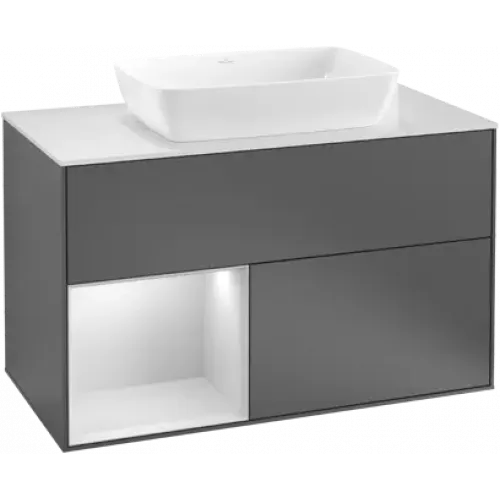 Villeroy & Boch Finion Тумба под раковину, с подсветкой, 2 выдвижных ящика, 1000 x 603 x 501 mm, Walnut Veneer / Silk Grey Matt Lacquer F771HJGN