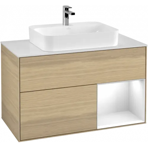 Villeroy & Boch Finion Тумба под раковину, с подсветкой, 2 выдвижных ящика, 1000 x 603 x 501 mm, Oak Veneer / Glossy White Lacquer F371GFPC