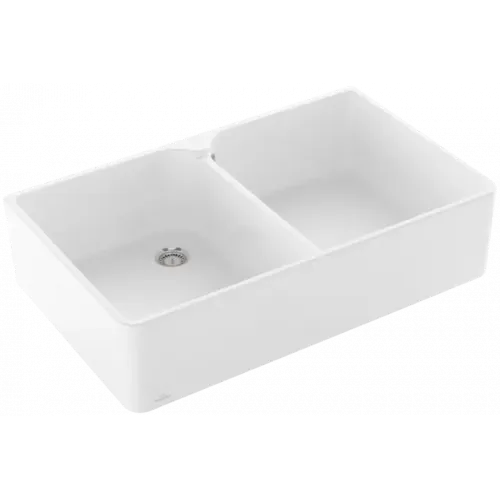 Villeroy & Boch Полувстраиваемая мойка с двойной раковиной 90 X Мойка с двумя чашами, включая Комплект слива с ручным управлением, выкл Керамика, 900 x 550 mm, Альпийский белый CeramicPlus 639001R1