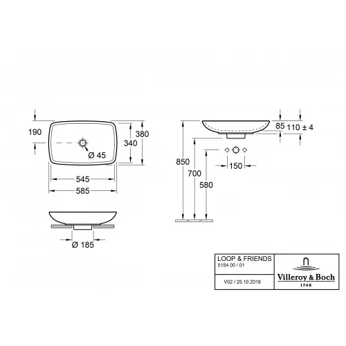 Раковина накладная Villeroy & Boch Loop & Friends 38 x 58.5 см 51540001
