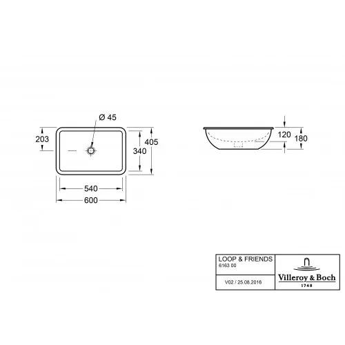 Раковина под столешницу Villeroy & Boch Loop & Friends 540 x 340 x 185 mm, Альпийский белый CeramicPlus, с переливом 616300R1