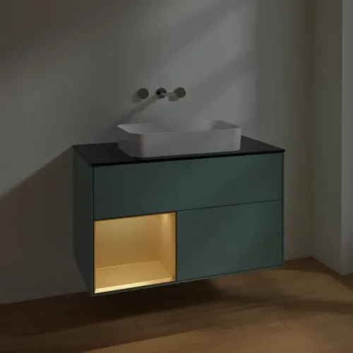 Villeroy & Boch Finion Тумба под раковину, с подсветкой, 2 выдвижных ящика, 1000 x 603 x 501 mm, Olive Matt Lacquer / Gold Matt Lacquer F652HFGM