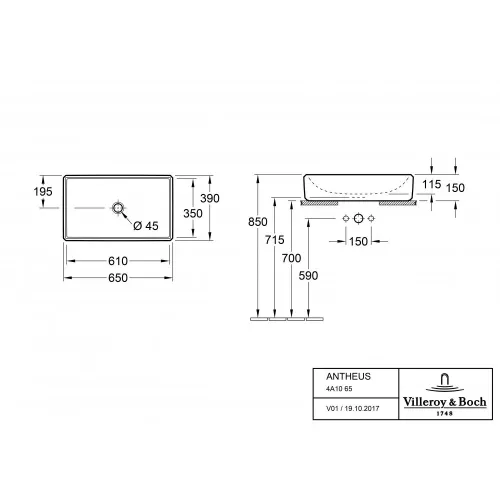 Раковина накладная Villeroy & Boch Antheus 39 x 64.6 см CeramicPlus 4A1065R1