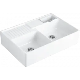 Villeroy & Boch Полувстраиваемая мойка с двойной раковиной Мойка с двумя чашами, включая Контейнер для отходов, Комплект слива с ручным управлением, Крепежный комплект, выкл Керамика, 895 x 630 mm, Альпийский белый CeramicPlus 632391R1